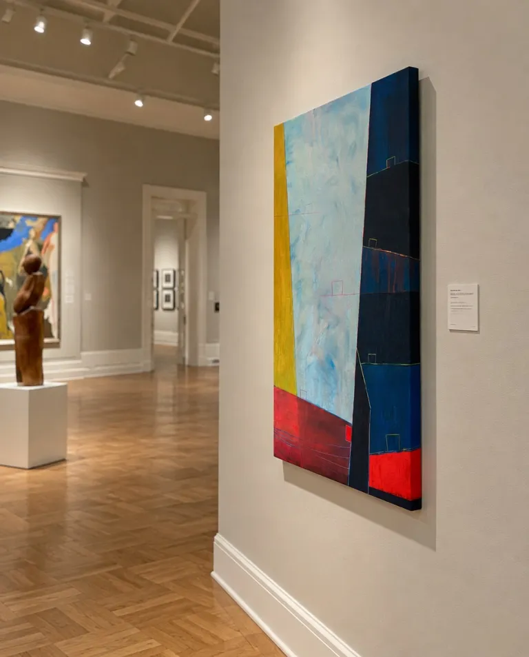 LIMEN by Maurizio Valch installed laterally beside a museum corridor; the vertical painting combines a light-blue centre, an ochre band, dark-blue bands, and lower red.