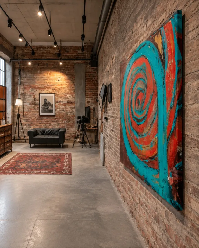 Gran pintura abstracta HAUSTUS de Maurizio Valch colgada en la pared de ladrillo visto de un loft de diseño industrial con perspectiva oblicua.