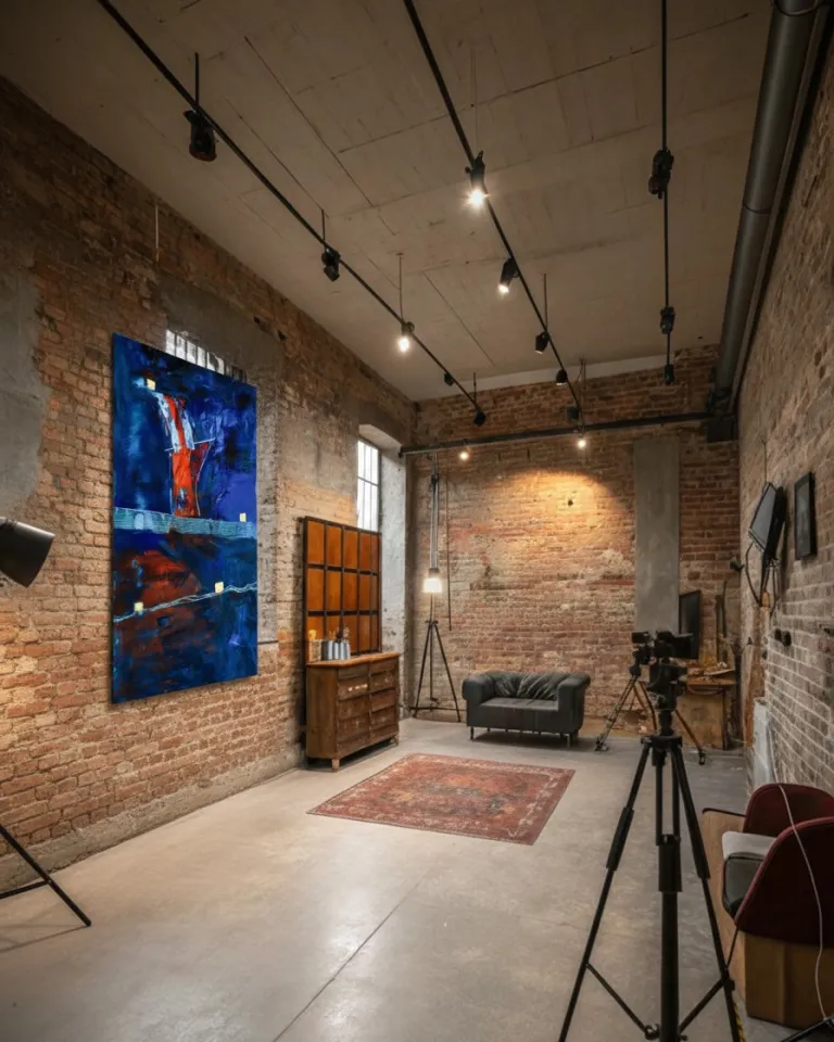 Abstract painting CLATHRI by Maurizio Valch exhibited on a rustic exposed brick wall inside an industrial workshop with studio lights.