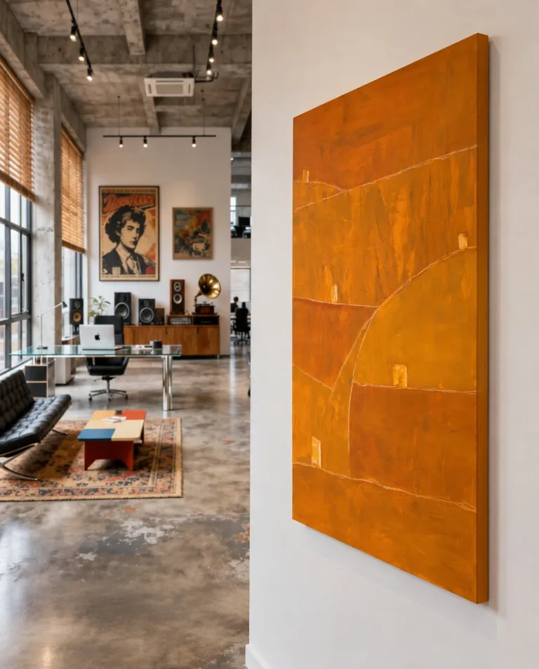 Abstract painting TESSERA by Maurizio Valch hanging on the wall of a modern industrial-style office.