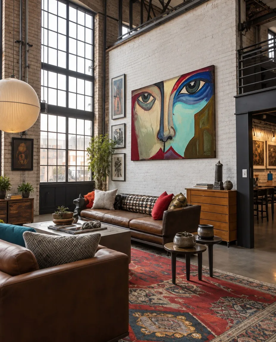 SIMULACRUM by Maurizio Valch, a large horizontal painting of an abstract face, displayed above a white brick wall in an industrial loft living room.