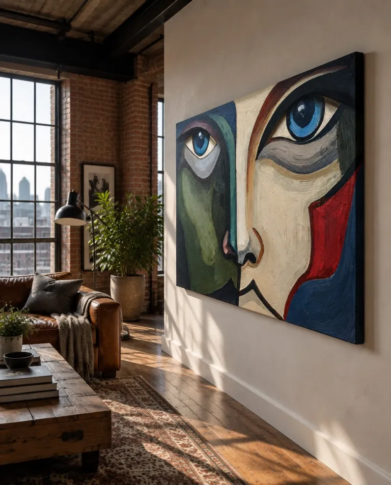 Side view of ACIES by Maurizio Valch installed on a light wall in a loft-style living room with exposed brick, large windows, and a leather armchair.