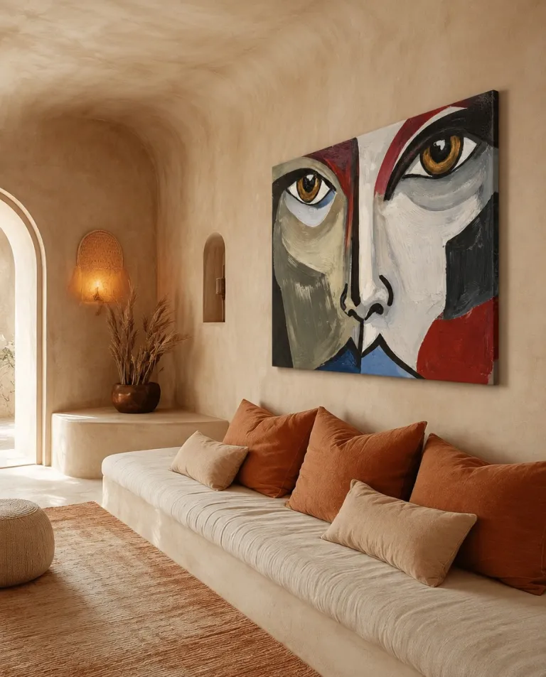 ASPECTUS by Maurizio Valch above a sofa in a warm interior with arches; the painting shows a frontal face with ochre eyes and green, white, red and blue planes.