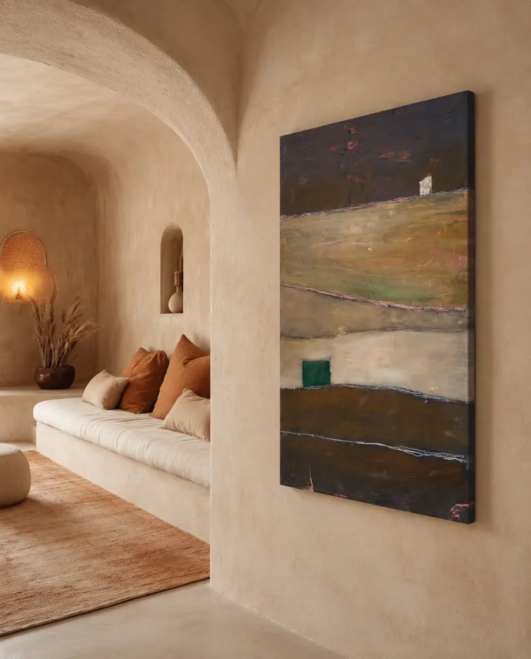 Mockup of QUIES, a vertical abstract painting by Maurizio Valch, hung on a beige wall beside an arched living room. The work shows dark, green, and earthy bands, irregular pale lines, a small white block in the upper area, and a green rectangle.