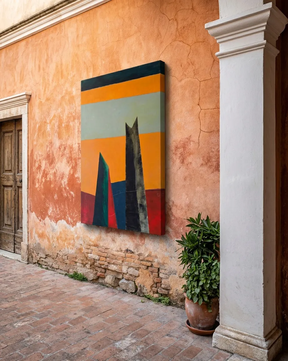 CUSTODES by Maurizio Valch hangs on a terracotta exterior wall with cracks; the vertical painting shows two dark forms over bands of orange, greenish grey, blue, and red.
