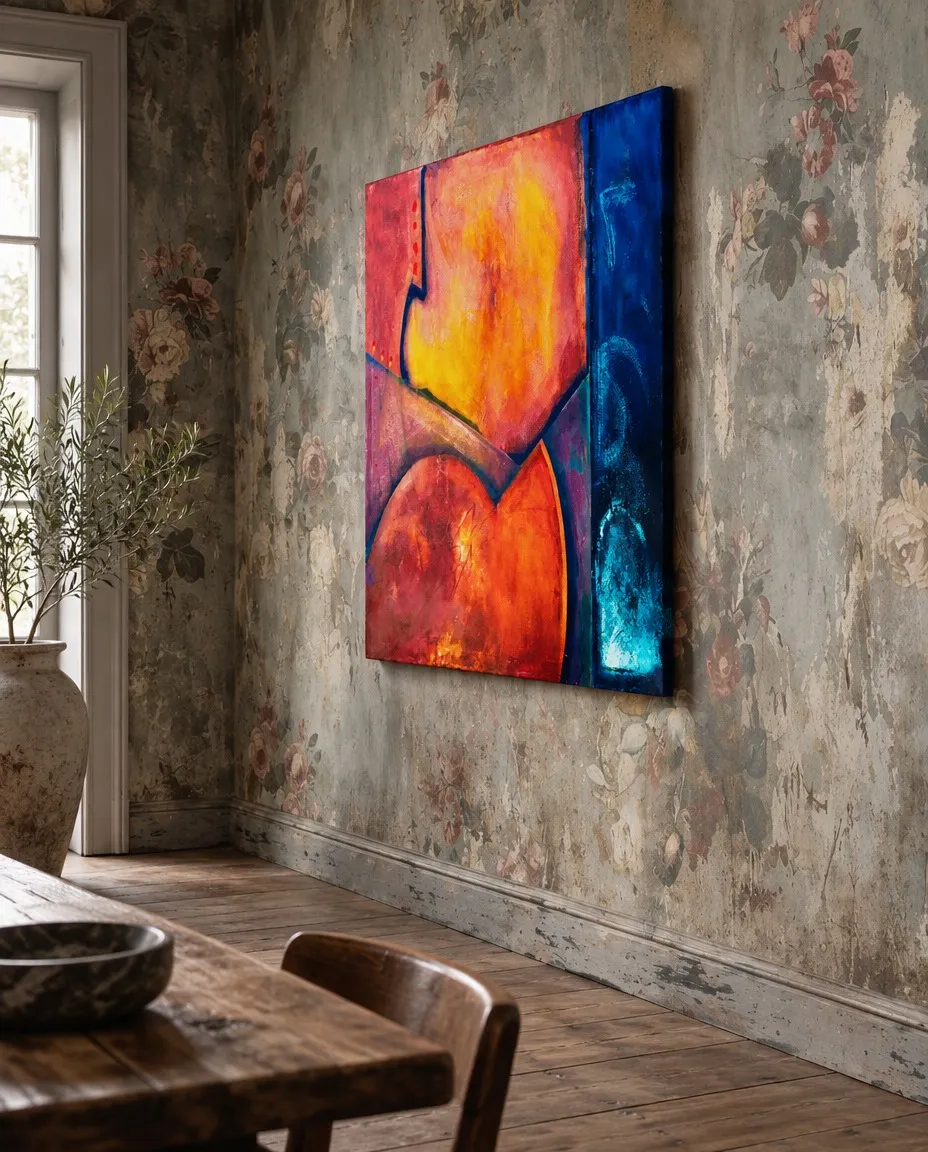 An abstract painting on canvas featuring large curved shapes in red, yellow, and orange alongside a vertical blue strip on the right edge.