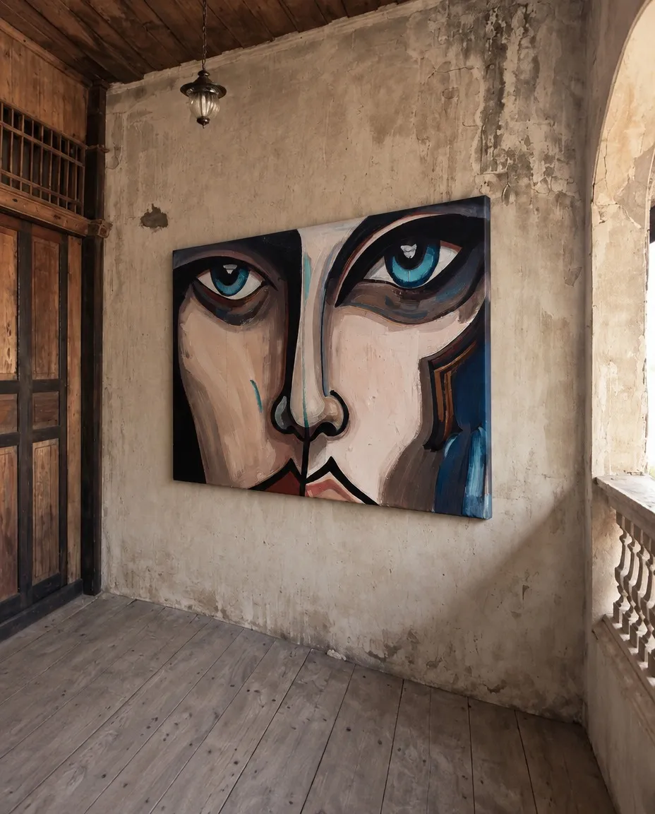 CUTIS de Maurizio Valch, pintura de un rostro fragmentado con ojos azules, instalada sobre un muro envejecido en un interior rústico de madera.