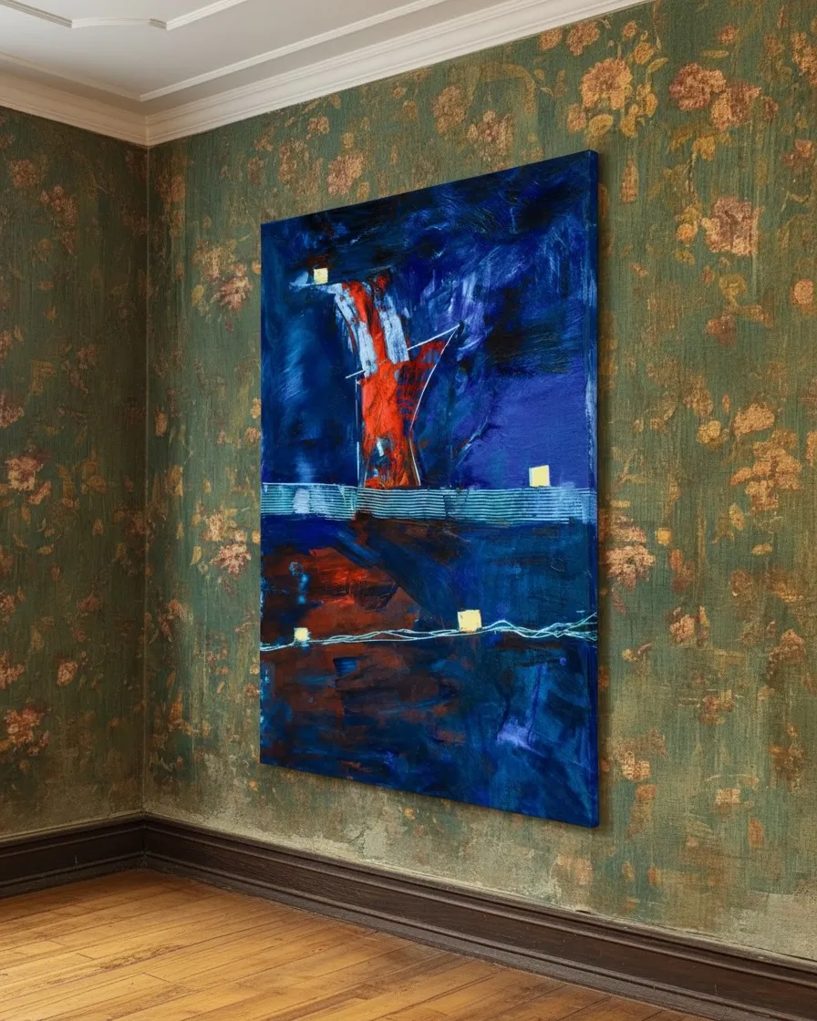La pintura CLATHRI colgada en la esquina de una habitación con papel de pared clásico de motivos florales verdes y dorados.