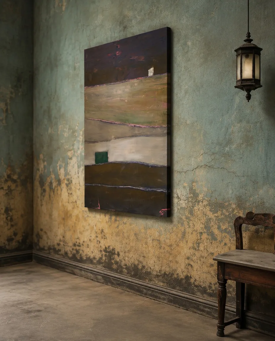 Mockup de QUIES, obra abstracta vertical de Maurizio Valch, instalada en una pared envejecida; muestra estratos oscuros y terrosos, líneas ondulantes y pequeños bloques blanco y verde.