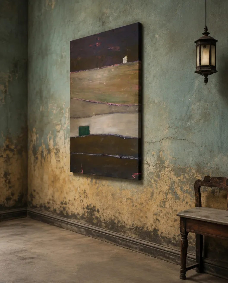 Mockup of QUIES, a vertical abstract work by Maurizio Valch, installed on an aged wall; it shows dark and earthy strata, undulating lines, and small white and green blocks.