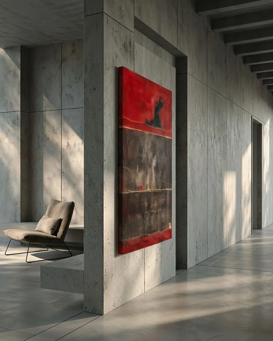 Pintura abstracta vertical de Maurizio Valch instalada en la columna de un pasillo brutalista de hormigón visto con luz natural y un sillón al fondo.