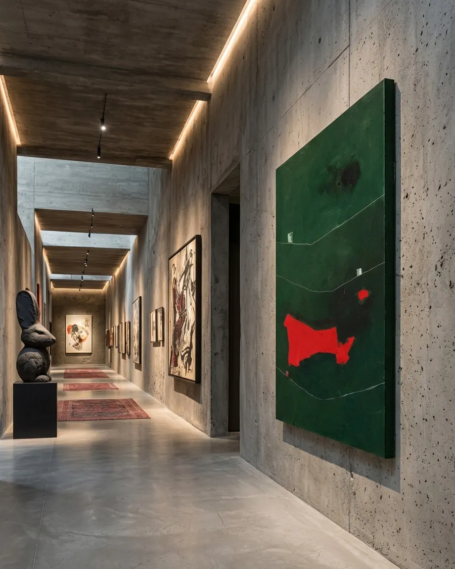 La pintura abstracta Sogno di un filo teso colgada en un muro de hormigón gris en un pasillo largo y moderno con techos de concreto y luces empotradas. Al fondo, se observan otras obras de arte expuestas en una galería de estilo industrial y minimalista.
