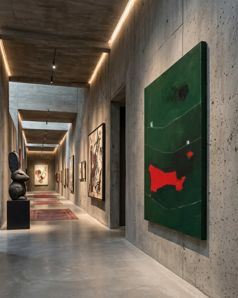 The abstract painting Sogno di un filo teso hanging on a gray concrete wall in a long, modern hallway with concrete ceilings and recessed lighting. In the background, other artworks are exhibited in an industrial and minimalist style gallery.