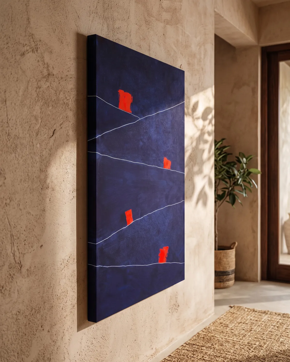 SIGNUM abstract painting in blue and crimson red tones hanging on a beige textured wall illuminated by natural light.