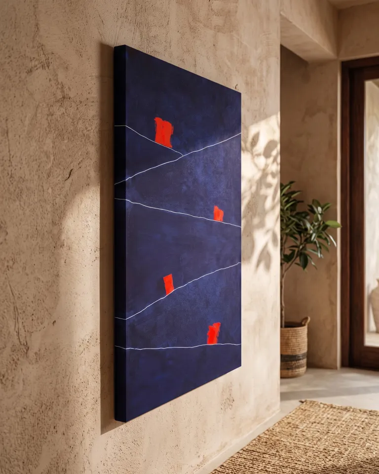 SIGNUM abstract painting in blue and crimson red tones hanging on a beige textured wall illuminated by natural light.