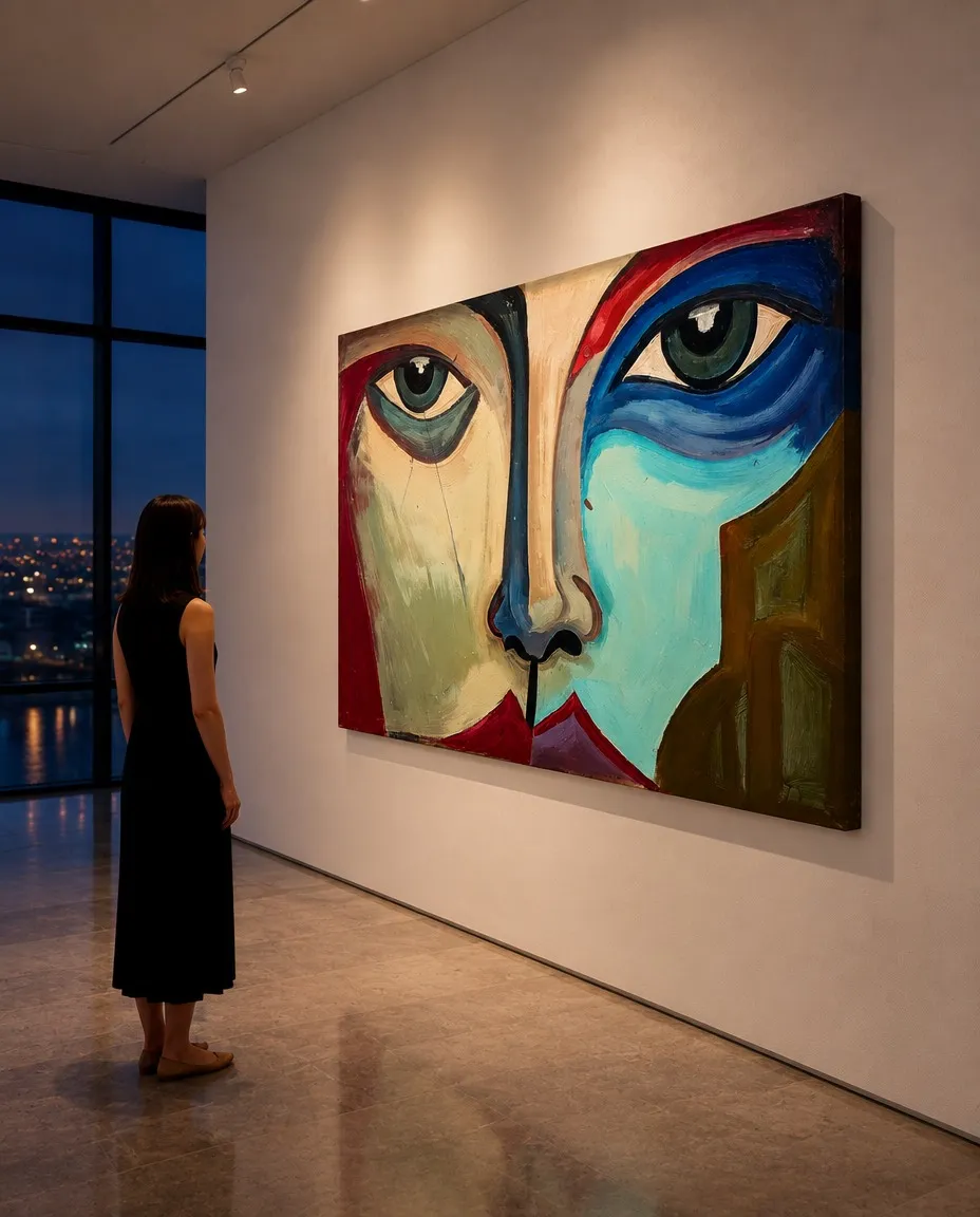 Vista nocturna de SIMULACRUM de Maurizio Valch en una galería contemporánea; gran rostro abstracto con un ojo azul destacado, planos turquesa, ocre y carmesí, observado por una visitante.