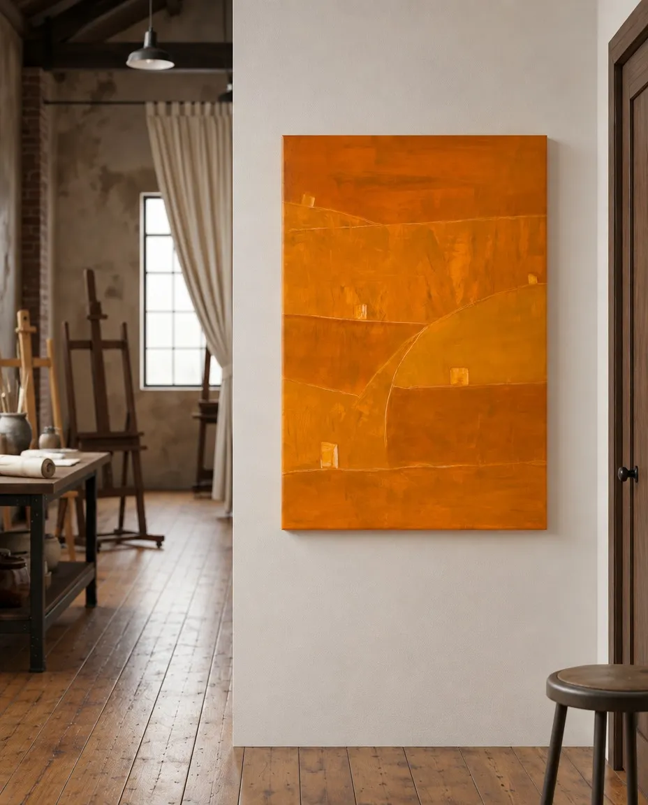 A large-format painting with orange texture displayed on a white column in a bright painting workshop or studio with wooden floors.