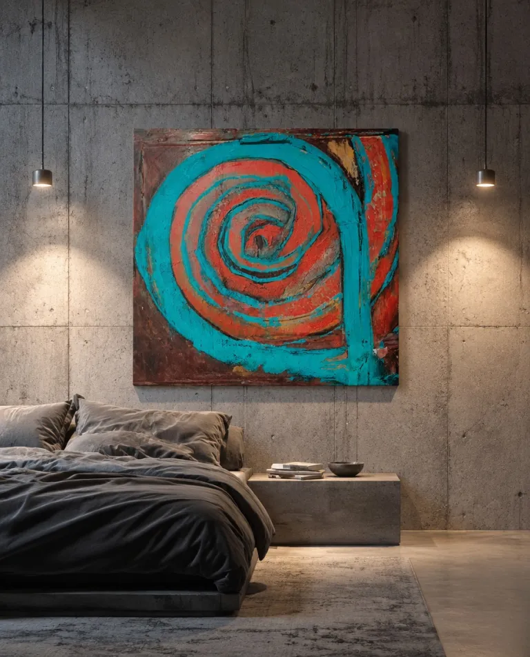 Pintura abstracta monumental HAUSTUS de Maurizio Valch, con una densa espiral turquesa sobre fondo rojo, colgada sobre una cama en un dormitorio de hormigón visto.