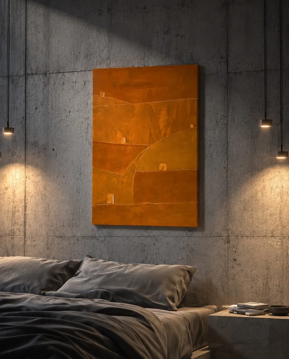 Cuadro abstracto naranja TESSERA colgado sobre la pared de hormigón gris de un dormitorio moderno de diseño brutalista con iluminación nocturna tenue.