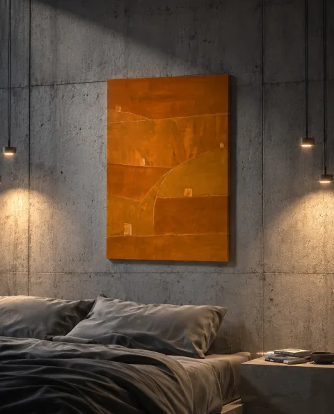 Vertical abstract painting TESSERA by Maurizio Valch, dominated by fields of orange, ochre, and amber with fine horizontal incised lines and small luminous rectangular blocks.