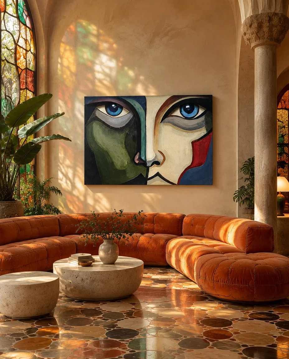 ACIES de Maurizio Valch instalada sobre un sofá curvo color teja en un salón de techos altos con arcos, vidrieras y columnas de piedra.