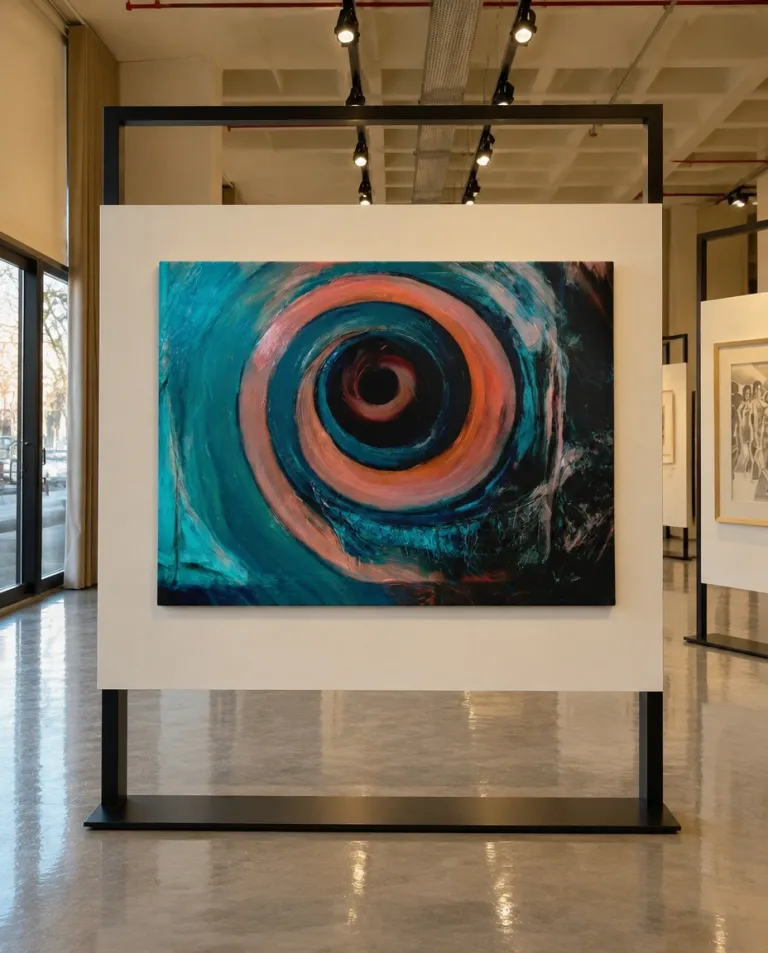 La pintura HELIX expuesta en una estructura exenta en el centro de una sala luminosa de techos altos y ventanales.