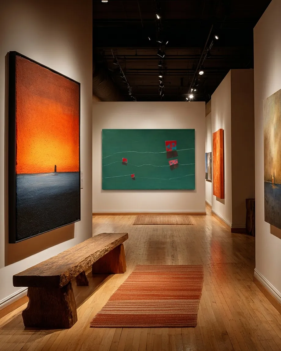 Vista de un corredor de galería con la obra NEXUS de Maurizio Valch al fondo, un lienzo verde esmeralda con incisiones horizontales y bloques rojos. Un banco rústico de madera y alfombras tejidas guían la mirada en el primer plano.