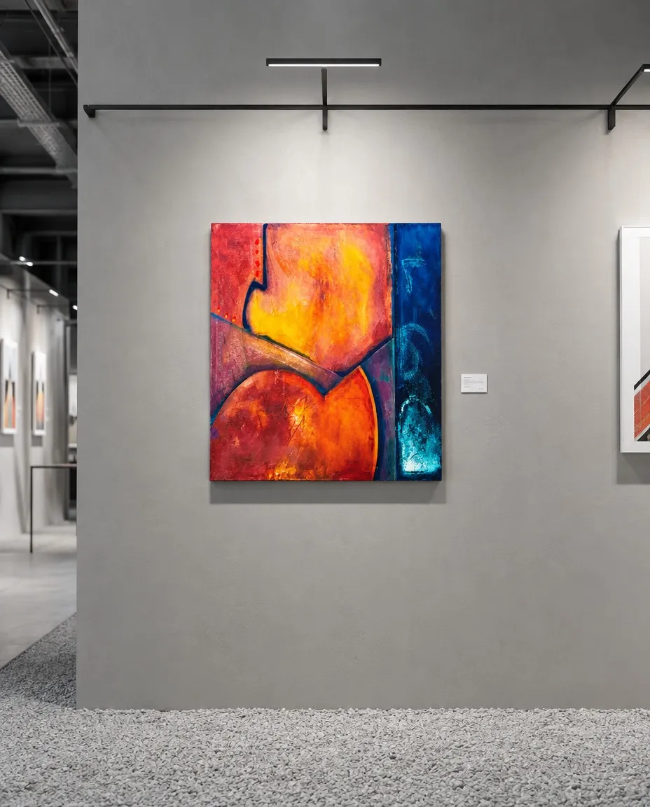 Vista frontal de la pintura abstracta VERSUM de Maurizio Valch expuesta en una pared gris neutra de una galería de arte.