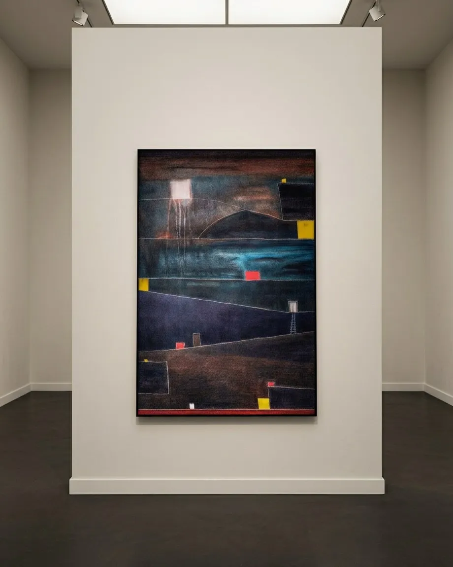 Vista frontal de ADITUS de Maurizio Valch en una pared blanca de galería, con estratos oscuros, franja turquesa, líneas incisas y pequeños rectángulos rojos, amarillos y blancos.