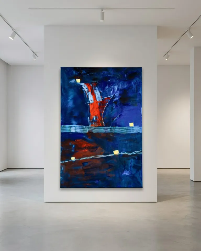 The vertical abstract painting CLATHRI exhibited on a central white wall in a modern, brightly lit gallery room.
