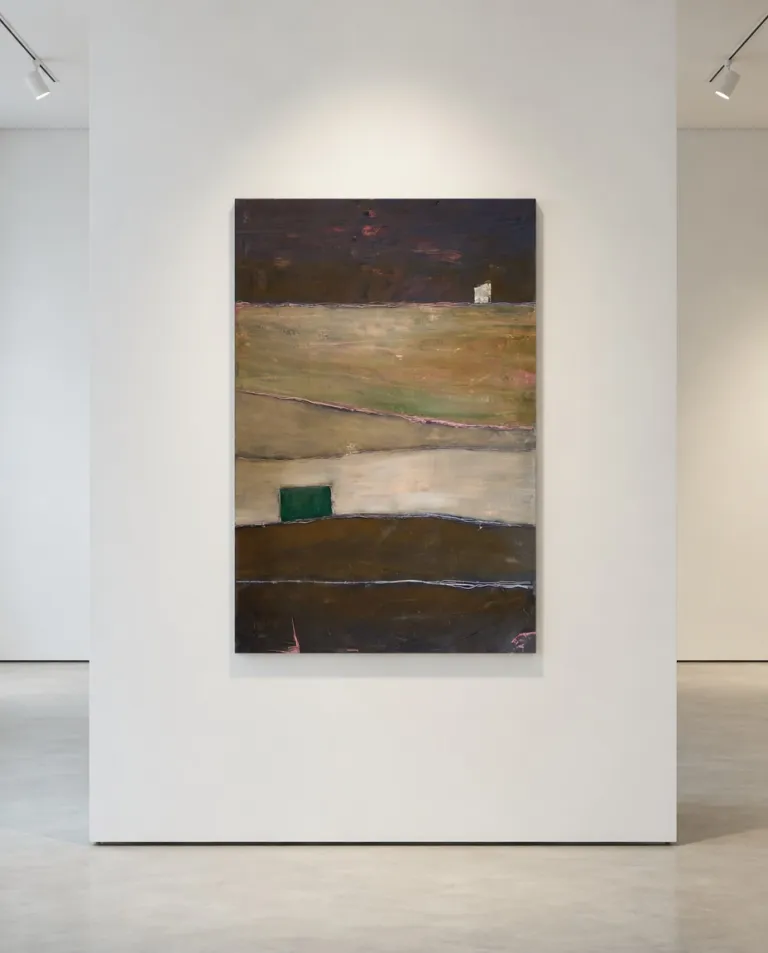 QUIES, a vertical abstract painting by Maurizio Valch installed on a white gallery wall, with dark, green, and ochre bands and irregular pale lines.