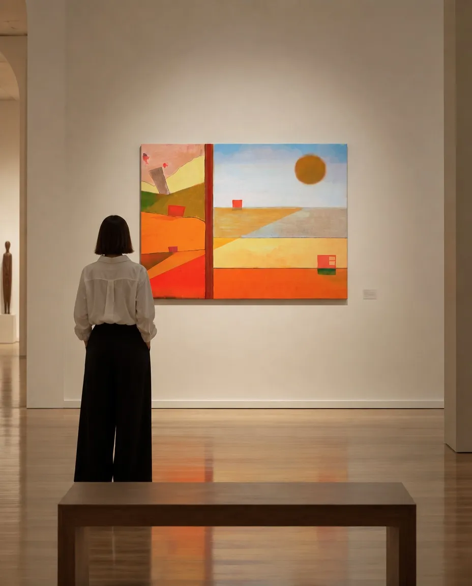 A visitor views SOL DIVISUS frontally in a museum gallery with light-coloured walls.