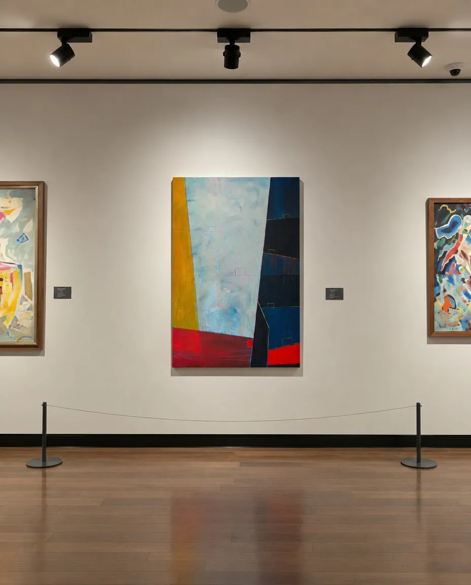 LIMEN de Maurizio Valch expuesta frontalmente en una sala de museo, con un campo celeste central, lateral ocre, bandas azul-negras y base roja.