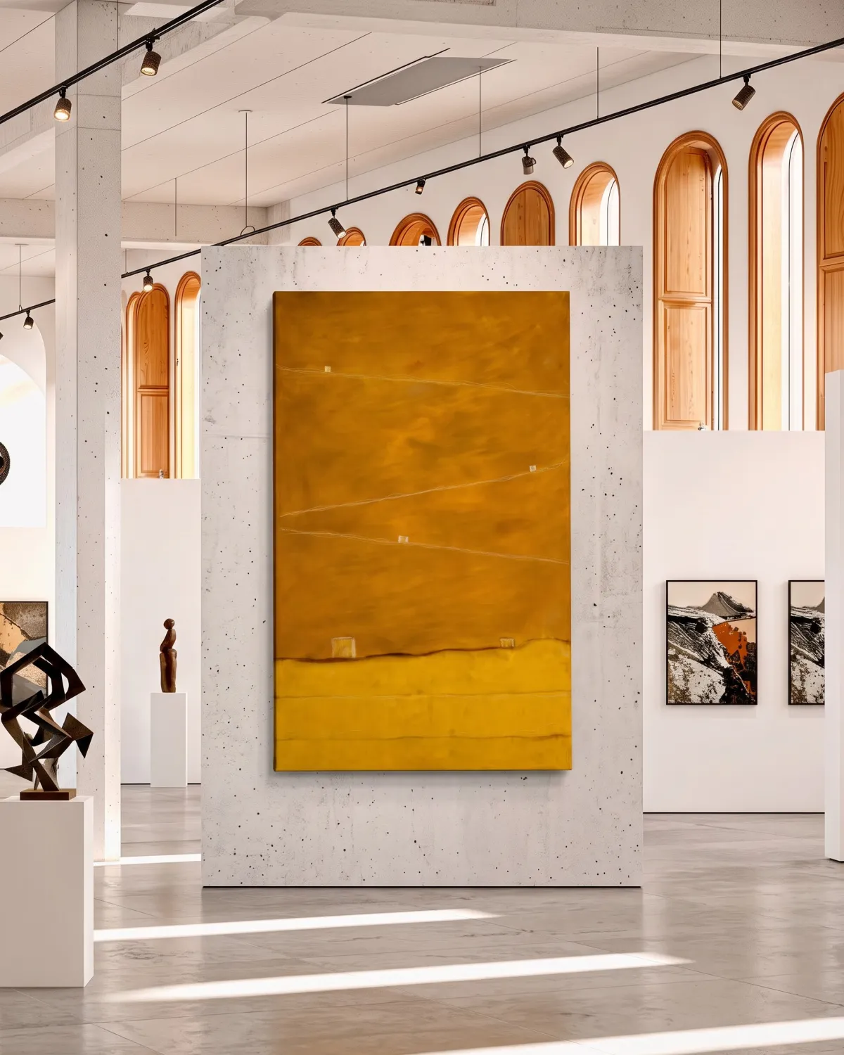 Large format abstract painting QUINQUE by Maurizio Valch exhibited on a large textured concrete wall in a bright art gallery with wooden arches.