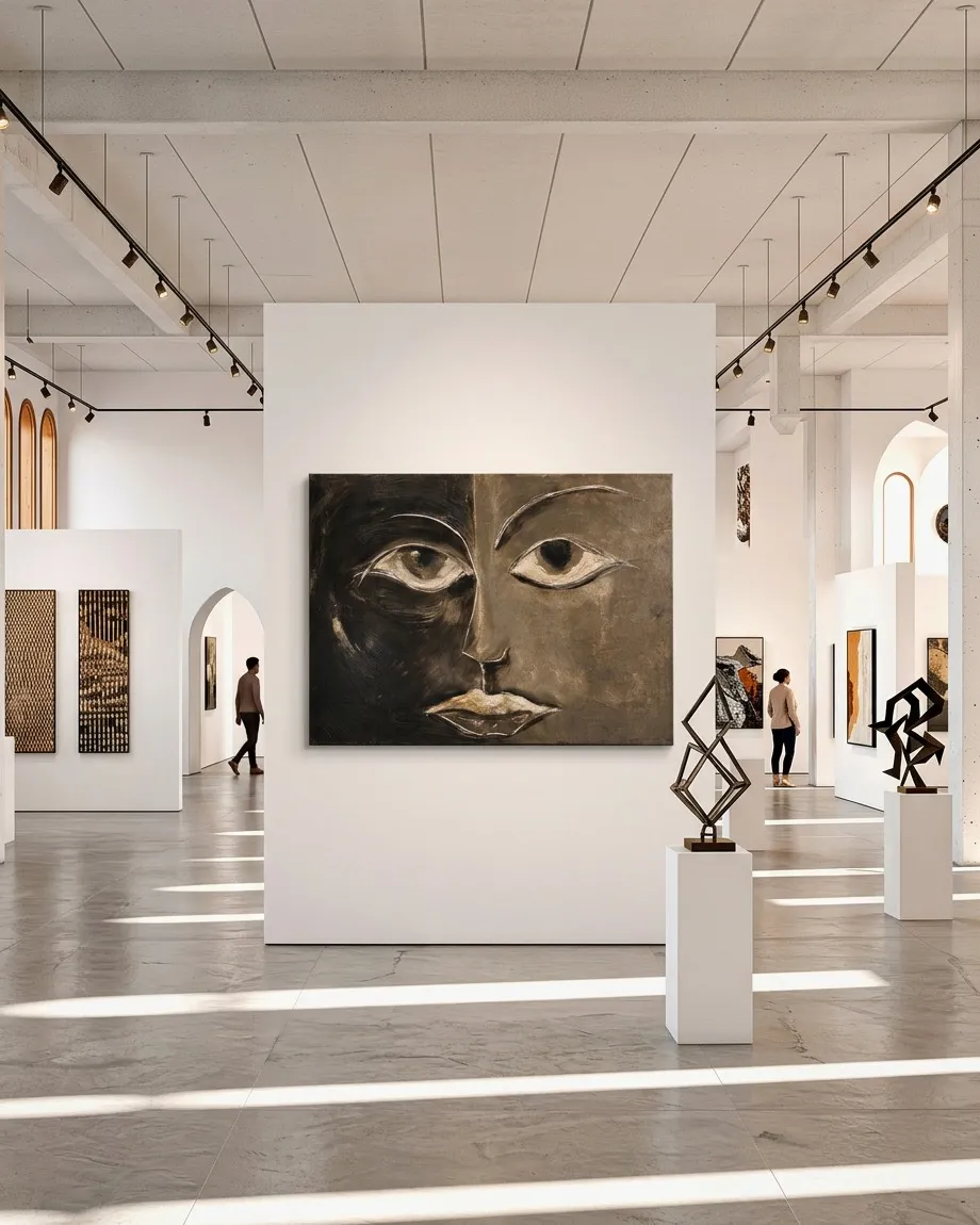 La pintura monumental La mitad de la mirada montada en una pared divisoria blanca y central de una amplia galería de arte con luz natural y esculturas.
