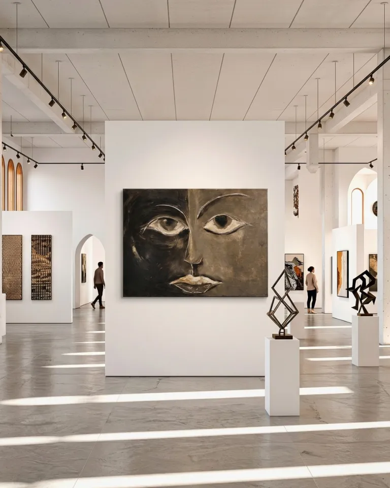 The monumental painting La mitad de la mirada mounted on a central white partition wall of a spacious art gallery with natural light and sculptures.