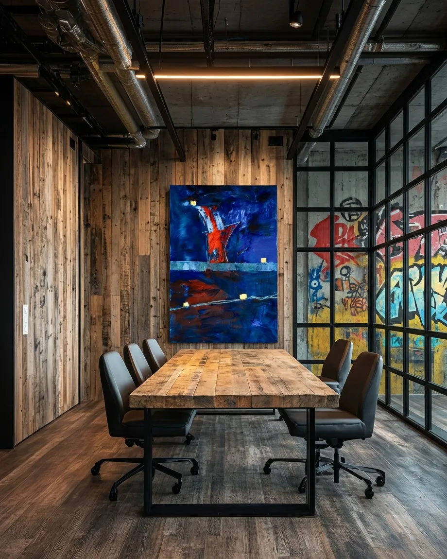 Obra CLATHRI expuesta sobre una pared de madera rústica en una moderna sala de juntas de estilo industrial con mesa robusta de madera y sillas de cuero.