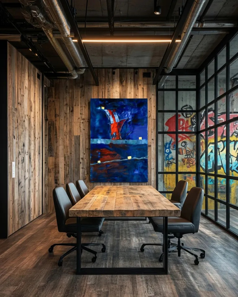 Artwork CLATHRI displayed on a rustic wood wall in a modern industrial-style boardroom with a robust wooden table and leather chairs.