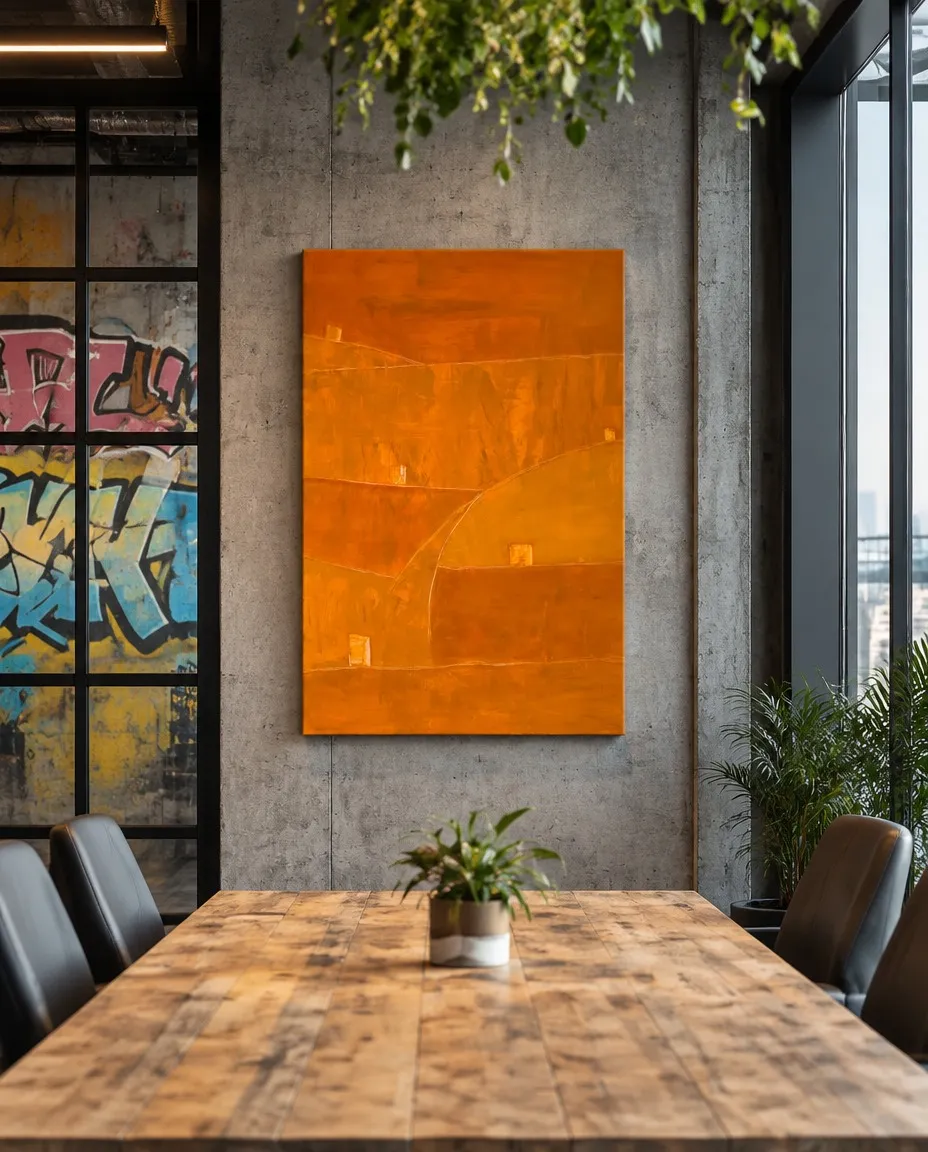 Cuadro abstracto naranja de Maurizio Valch en una sala de reuniones moderna con mesa de madera, paredes de hormigón y plantas.