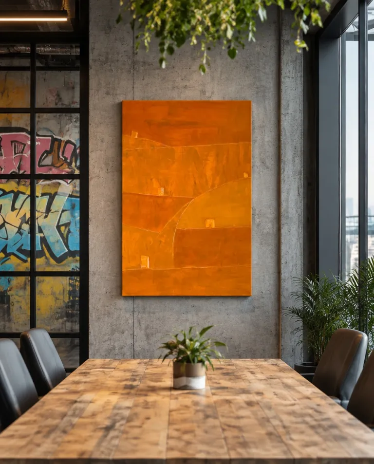 Orange abstract painting by Maurizio Valch in a modern meeting room with a wooden table, concrete walls, and plants.