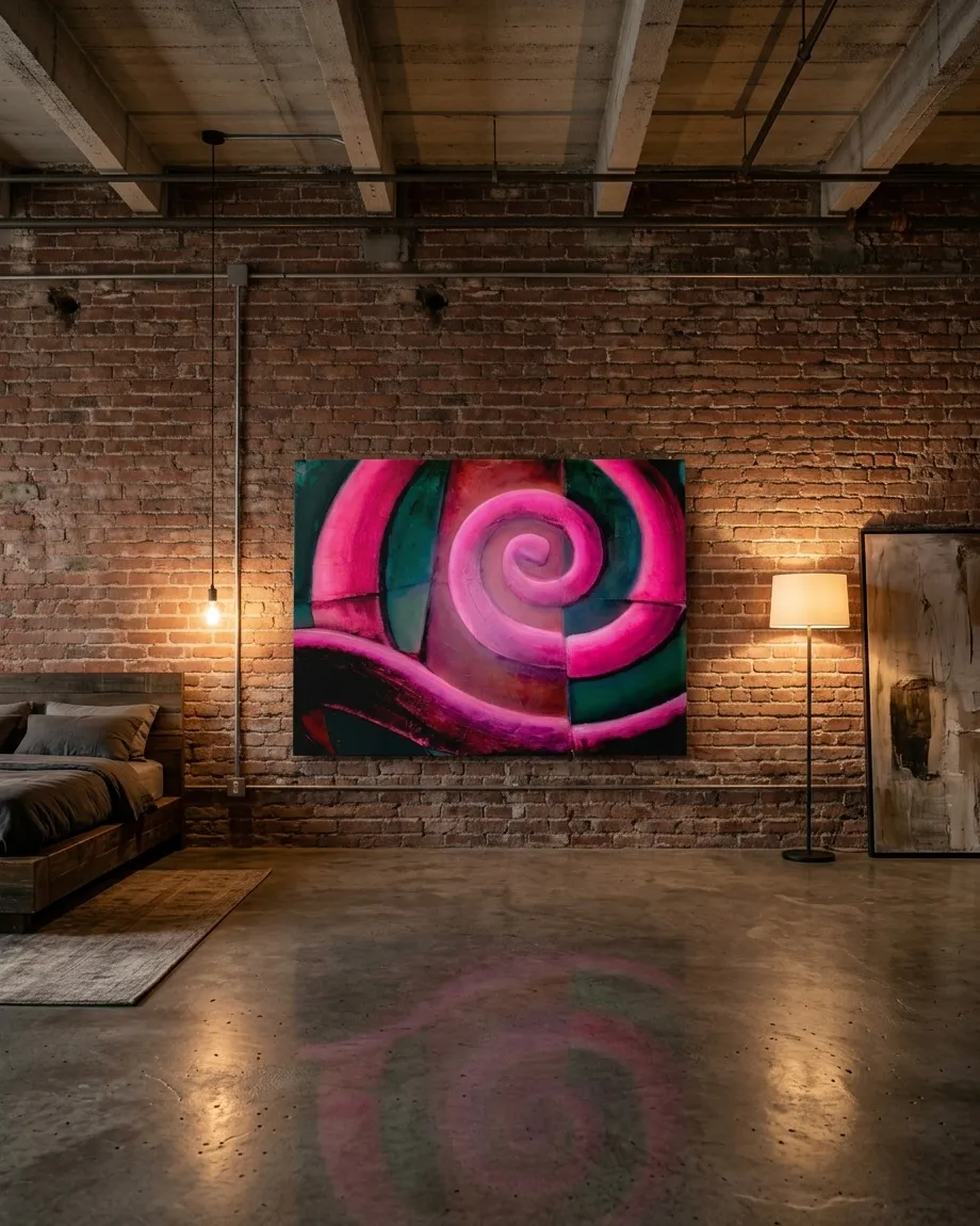Pintura abstracta VORAGO de Maurizio Valch, mostrando una gran espiral en tonos rosa y magenta sobre un fondo de campos geométricos oscuros en verde y negro.