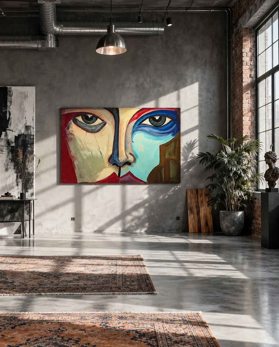 SIMULACRUM de Maurizio Valch, pintura de rostro abstracto con ojos asimétricos en rojo, beige, azul y turquesa, instalada en un loft industrial de pared gris.