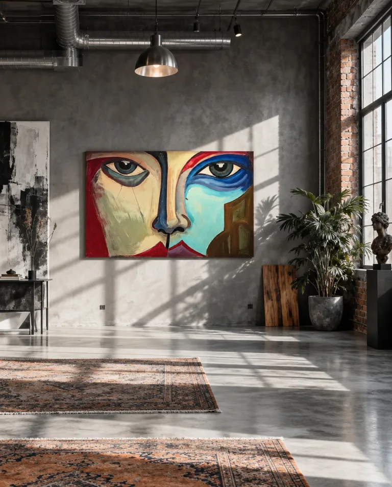 SIMULACRUM de Maurizio Valch, pintura de rostro abstracto con ojos asimétricos en rojo, beige, azul y turquesa, instalada en un loft industrial de pared gris.