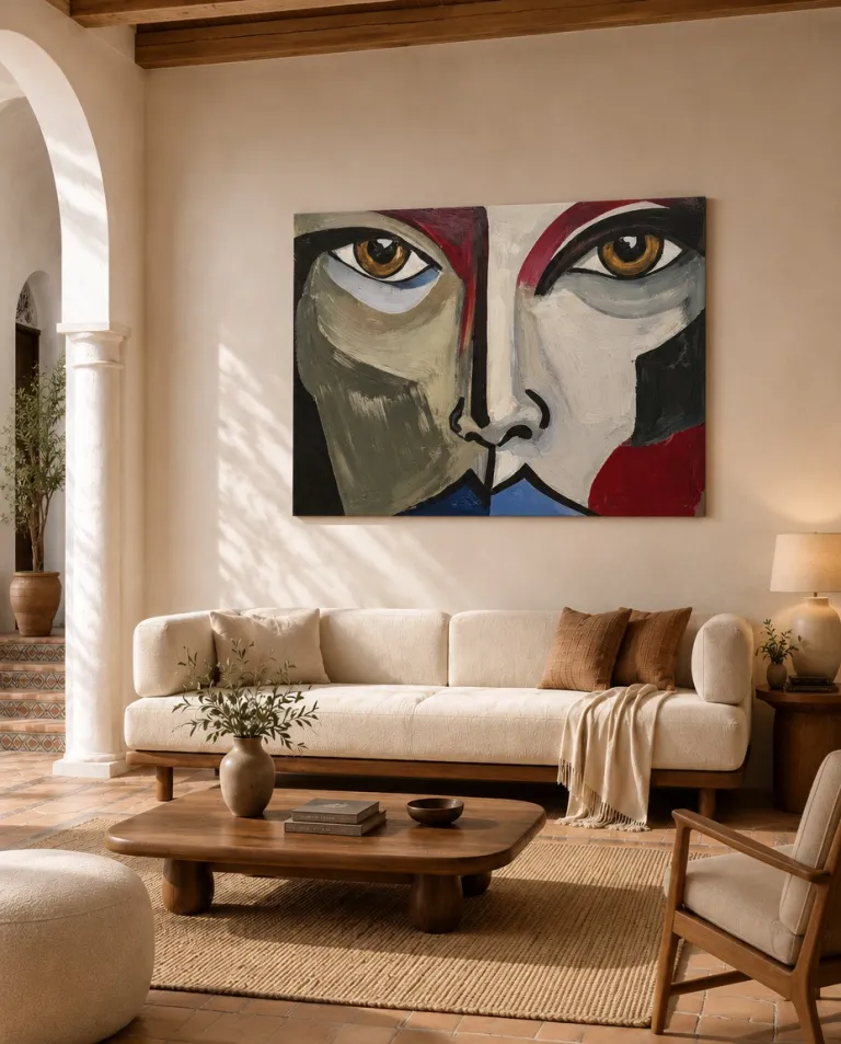 ASPECTUS by Maurizio Valch above a light sofa in a Mediterranean living room with wooden beams, a low table, a fibre rug and warm light.