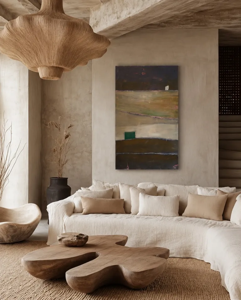 QUIES by Maurizio Valch, a vertical abstract painting with dark bands, earthy glazes, irregular pale lines, and white and green blocks, displayed above a sofa in a living room with natural tones.