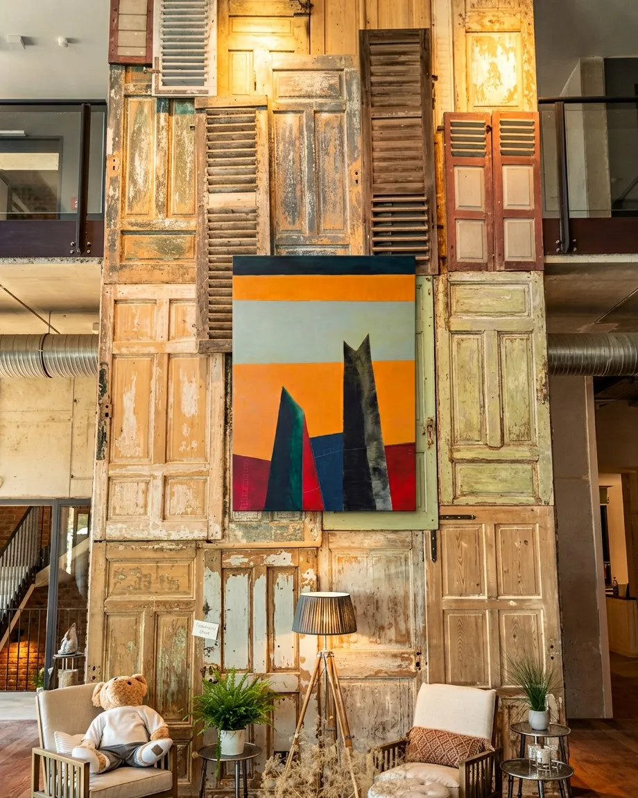 CUSTODES by Maurizio Valch installed within a wall composition of old doors and shutters; the vertical painting shows two dark figures against fields of orange, greenish grey, blue, and red.