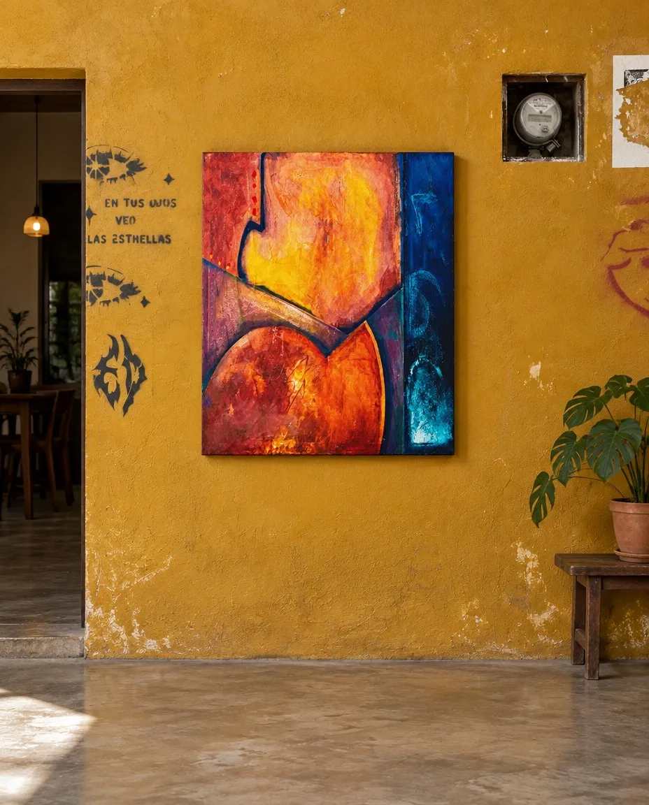 El cuadro VERSUM centrado en una pared exterior de color amarillo ocre con inscripciones poéticas impresas en negro y una planta en maceta sobre un banco de madera.