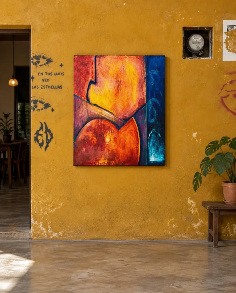The VERSUM painting centered on an outdoor ocher-yellow wall with poetic inscriptions printed in black and a potted plant on a wooden bench.