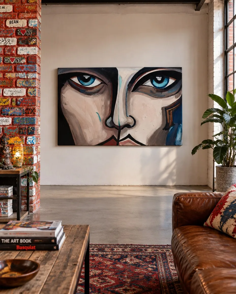 Mockup de la pintura CUTIS de Maurizio Valch instalada en un salón tipo loft, sobre una pared blanca junto a una columna de ladrillo visto.