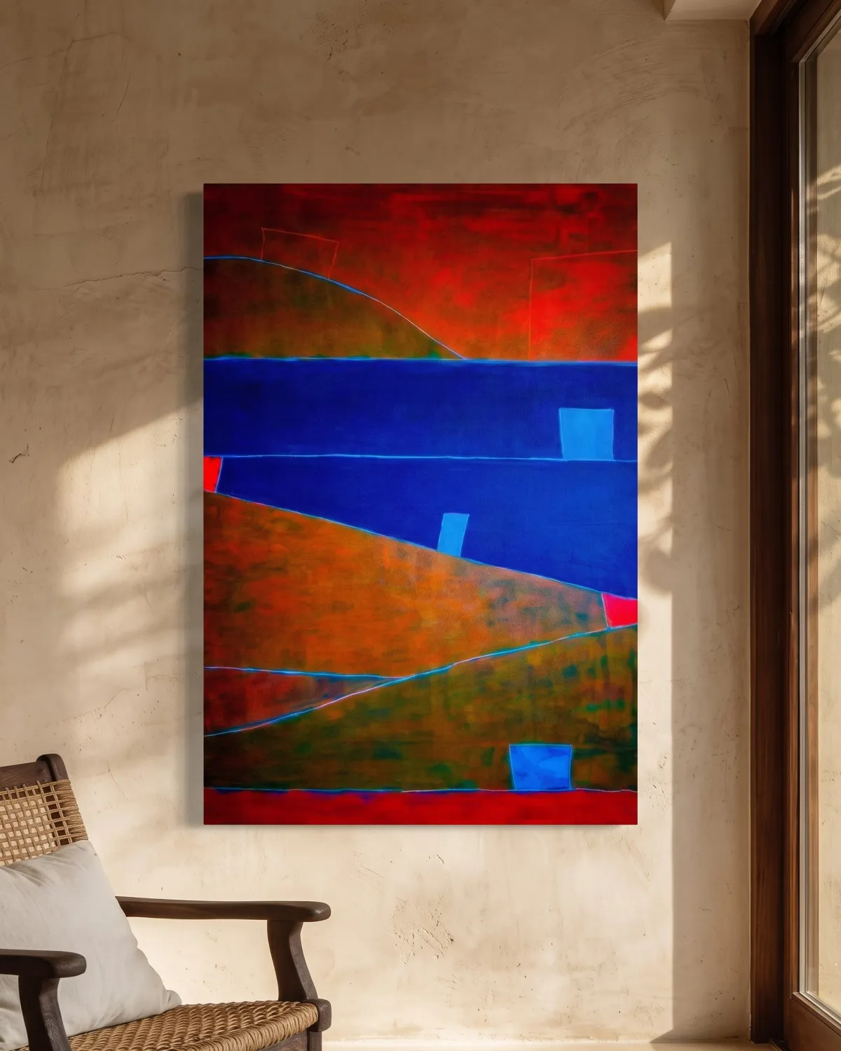 Pintura abstracta CLIVUS de Maurizio Valch sobre pared de estuco beige con luz lateral junto a una silla tejida.